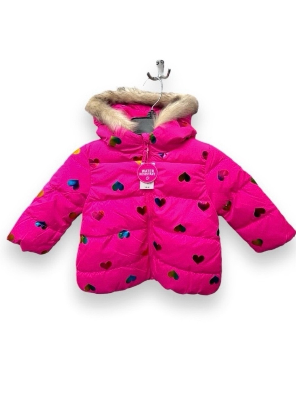 NWT The Children’s Place Toddler Neon Pink Heart Puffer Jacket Size 18-24 Months